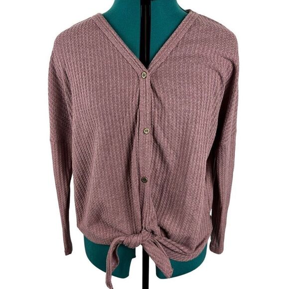 IWOLLENCE Women's Waffle Knit Tunic Blouse Tie Knot Henley Top- Size S - Picture 2 of 11